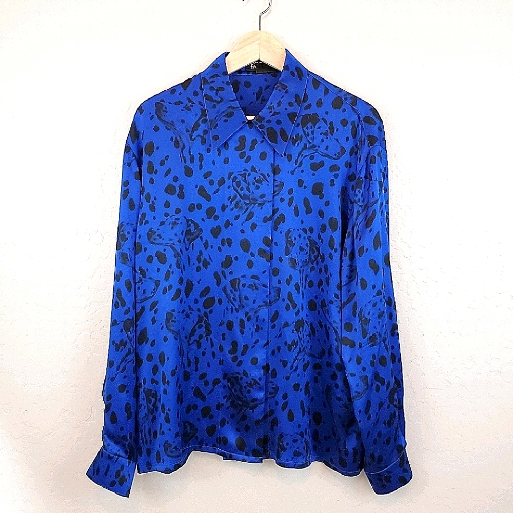 ESCADA Blue Dalmatian SILK Blouse Size 44 EUR